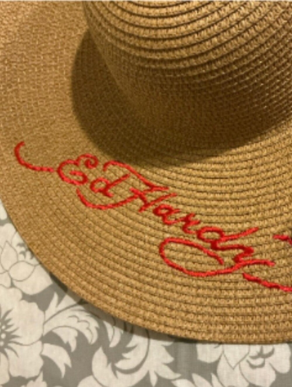 Ed Hardy Tan or Black Straw Sun Hat with Script and 2 Printed Scarfs